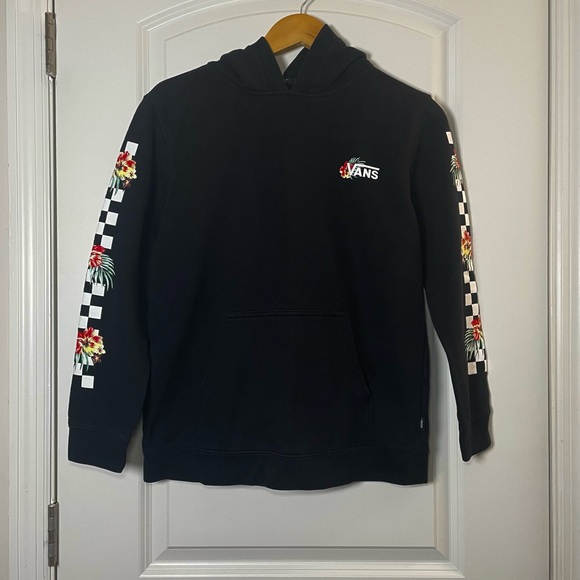 Vans Black Floral Checkerboard Sleeve Hoodie Pullover Sweatshirt Streetwear - Picture 2 of 15